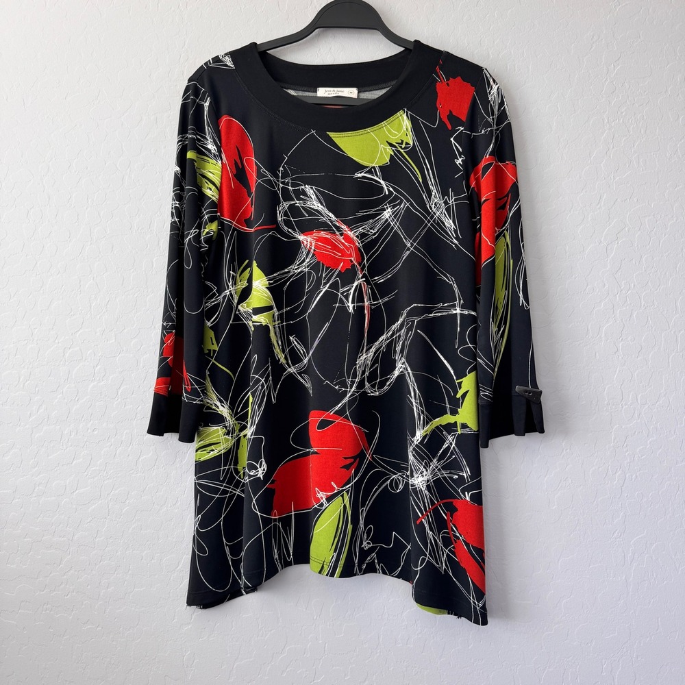 Jess & Jane Abstract Print Tunic Top Black Red Green Made in USA Women's M